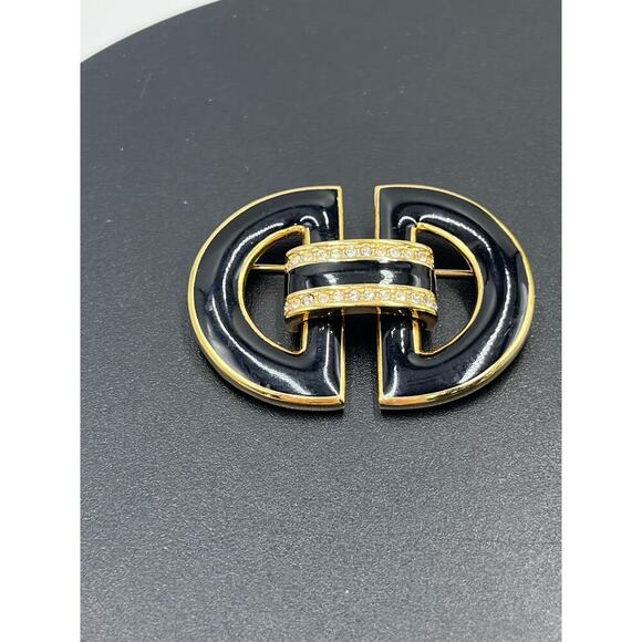 Swarovski SAL vintage Black Enamel Clear Crystals Buckle Art Deco Brooch - Picture 10 of 14